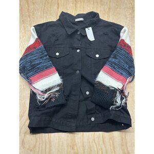 Toni Sinclaire Tribal Knitted Sleeve Distressed Cropped Denim Jacket M Western